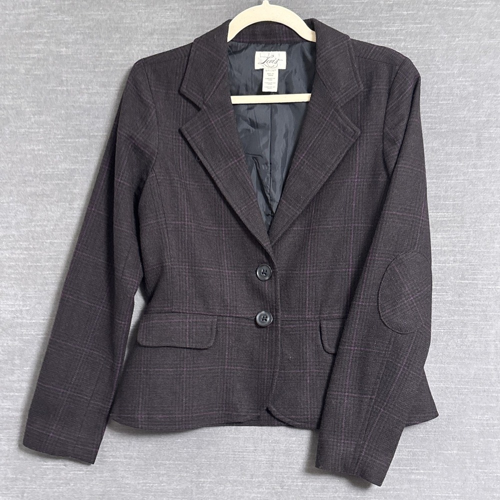 Vintage Levis Blazer S Gray Purple Plaid Wool Blend‎ Elbow Patch Preppy 90s y2k